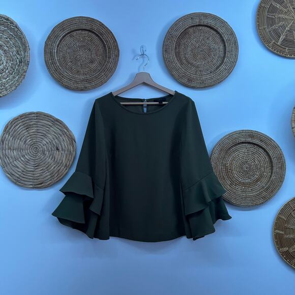 J. Crew Tops - J. Crew Green Ruffle Wide Flare Sleeve Blouse Top Preppy 14 Feminine Business